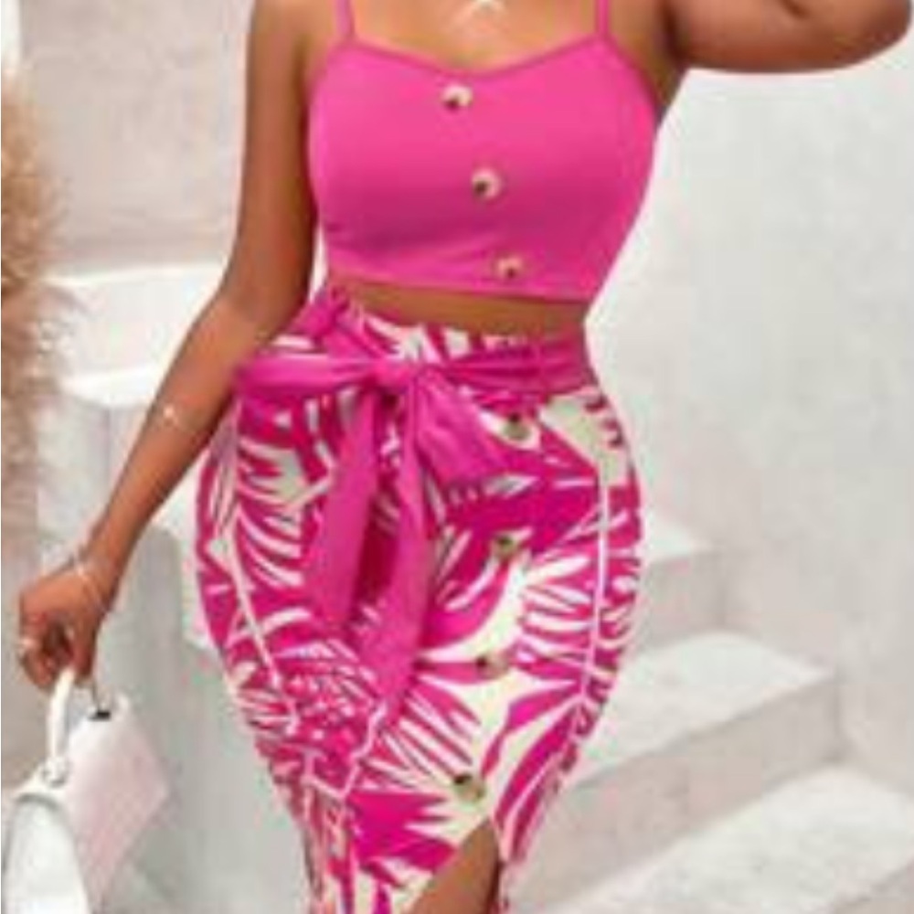 Pink Tropical Print Skirt